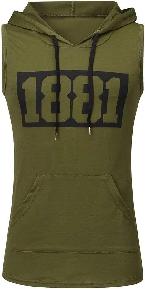 Cozy Sweatshirts for Men Muscle Print Sleeveless Hooded Bodybuilding Pocket Tight-Drying Tops Sweatshirts