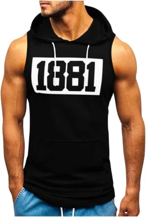 Cozy Sweatshirts for Men Muscle Print Sleeveless Hooded Bodybuilding Pocket Tight-Drying Tops Sweatshirts