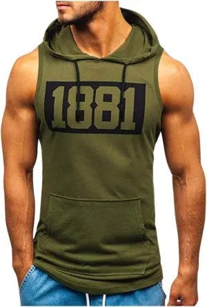 Cozy Sweatshirts for Men Muscle Print Sleeveless Hooded Bodybuilding Pocket Tight-Drying Tops Sweatshirts