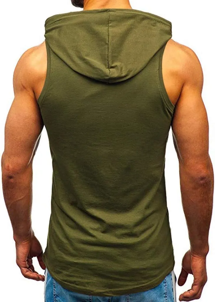 Cozy Sweatshirts for Men Muscle Print Sleeveless Hooded Bodybuilding Pocket Tight-Drying Tops Sweatshirts