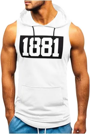 Cozy Sweatshirts for Men Muscle Print Sleeveless Hooded Bodybuilding Pocket Tight-Drying Tops Sweatshirts