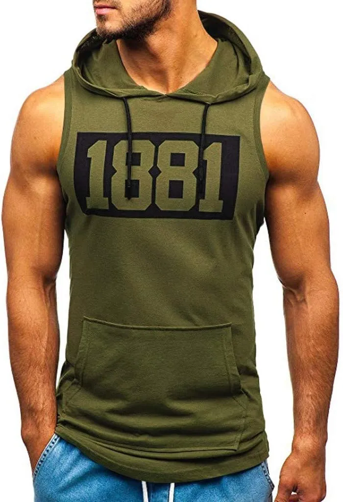 Cozy Sweatshirts for Men Muscle Print Sleeveless Hooded Bodybuilding Pocket Tight-Drying Tops Sweatshirts