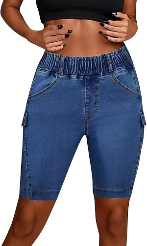 Denim Stretch Bermuda Shorts for Women High Waisted Knee Length Straight Leg Jeans Shorts Baggy Plus Size Boyfriend Jorts