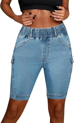 Denim Stretch Bermuda Shorts for Women High Waisted Knee Length Straight Leg Jeans Shorts Baggy Plus Size Boyfriend Jorts