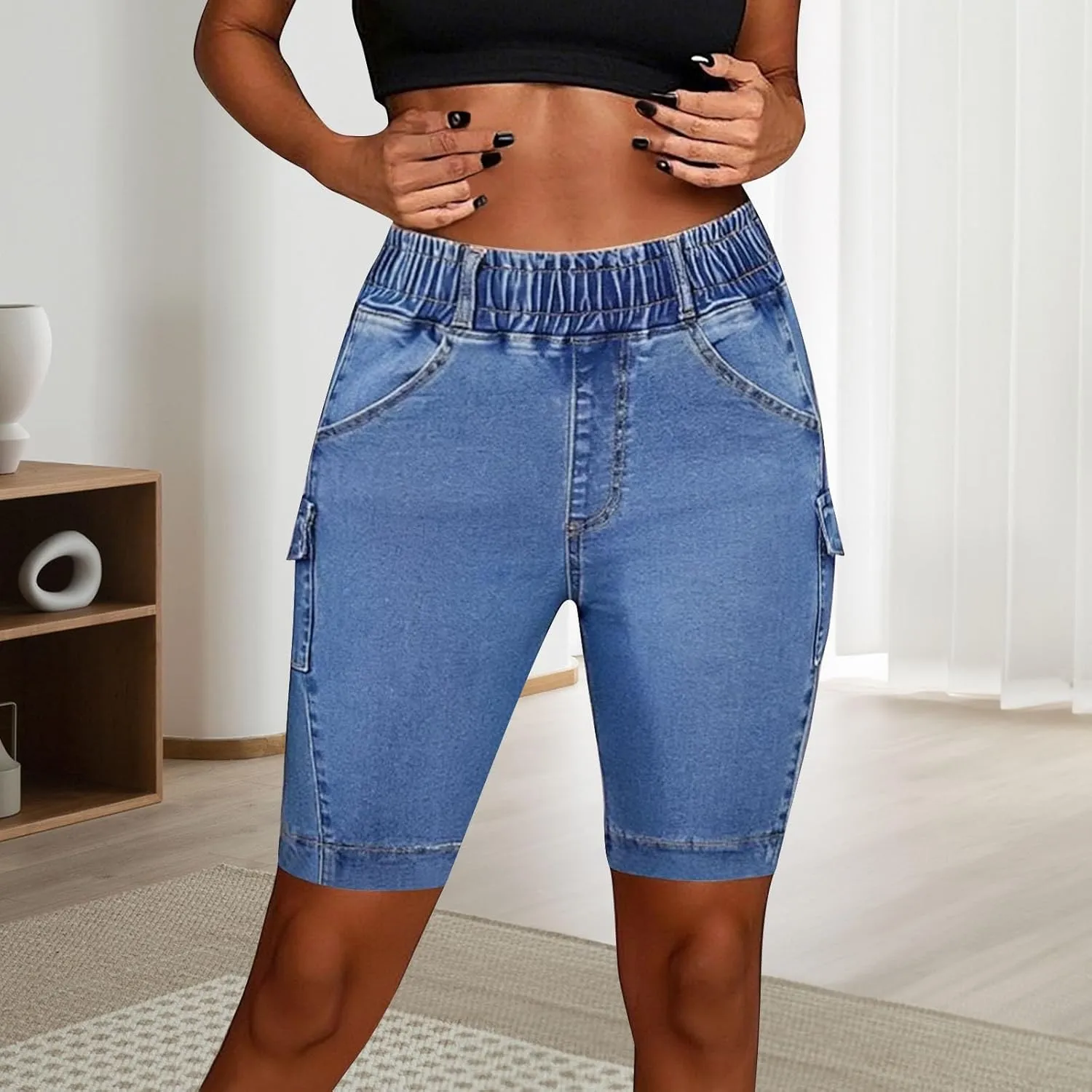 Denim Stretch Bermuda Shorts for Women High Waisted Knee Length Straight Leg Jeans Shorts Baggy Plus Size Boyfriend Jorts