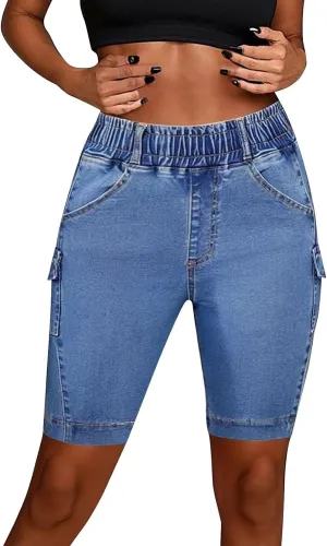 Denim Stretch Bermuda Shorts for Women High Waisted Knee Length Straight Leg Jeans Shorts Baggy Plus Size Boyfriend Jorts