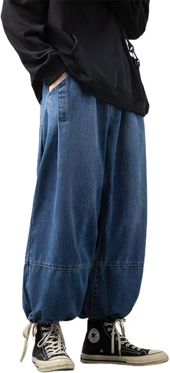 ebossy Men's Winter Heavyweight Baggy Jeans Joggers Pleated Denim Harem Pants