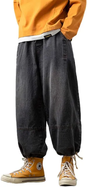 ebossy Men's Winter Heavyweight Baggy Jeans Joggers Pleated Denim Harem Pants
