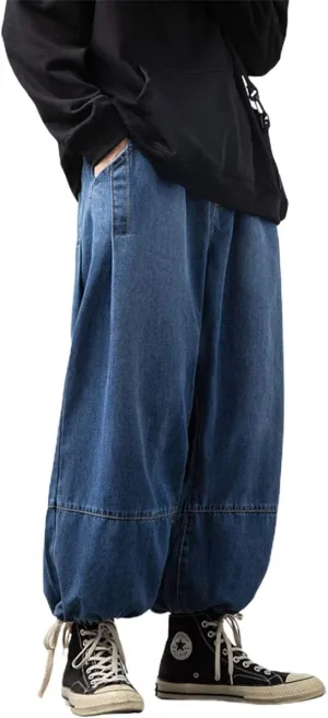 ebossy Men's Winter Heavyweight Baggy Jeans Joggers Pleated Denim Harem Pants