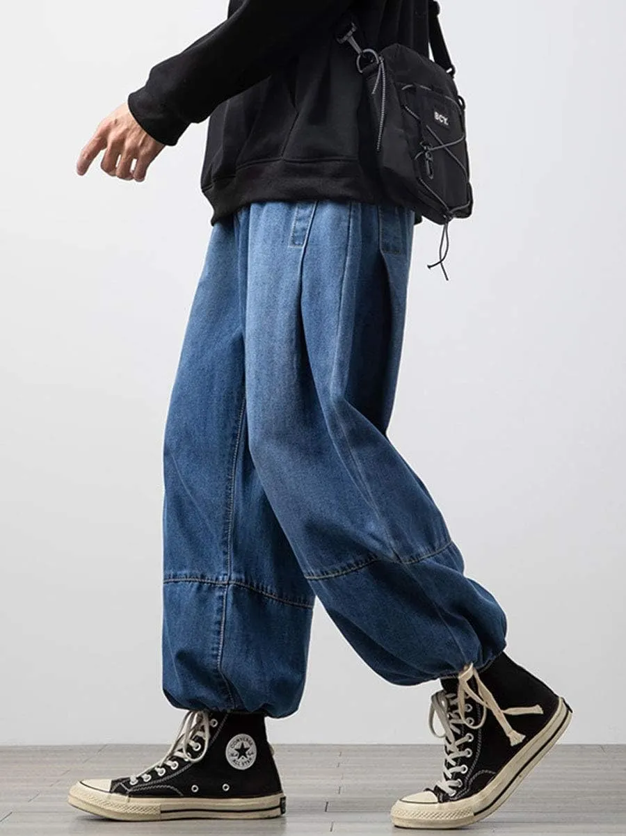 ebossy Men's Winter Heavyweight Baggy Jeans Joggers Pleated Denim Harem Pants