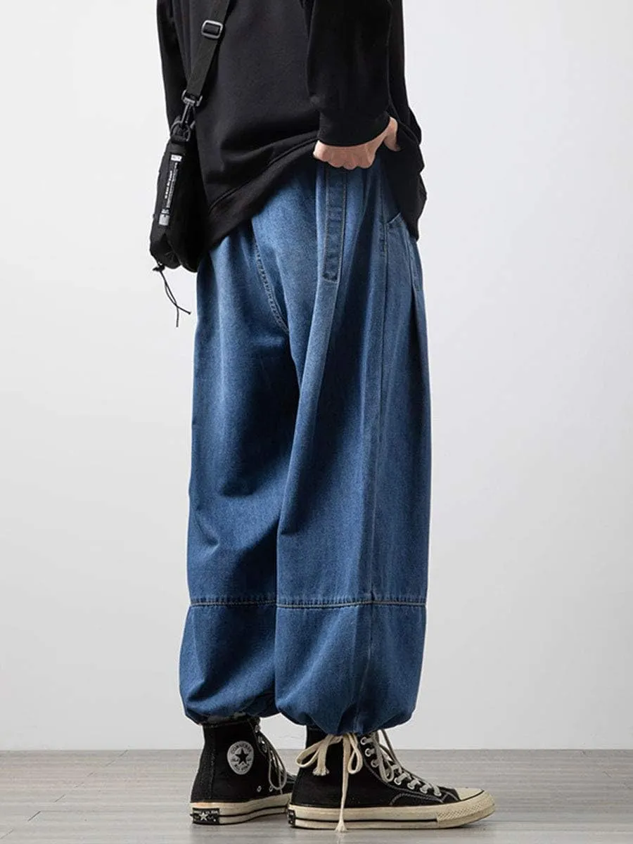 ebossy Men's Winter Heavyweight Baggy Jeans Joggers Pleated Denim Harem Pants