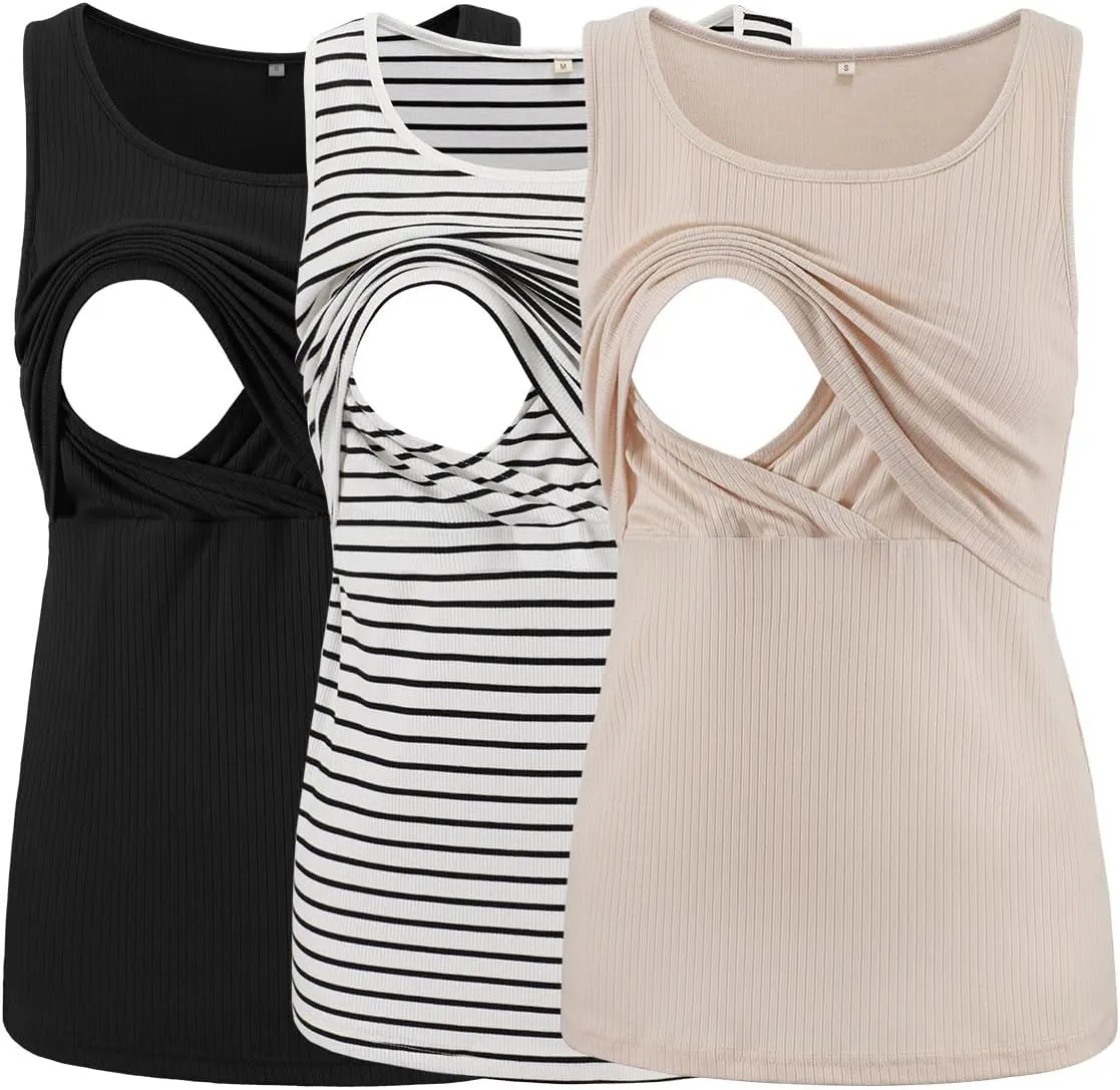 Ecavus Women's 3-Pack Ribbed Nursing Tank Tops Sleeveless Maternity Breastfeeding Shirts Double Layer Pregnancy Clothes