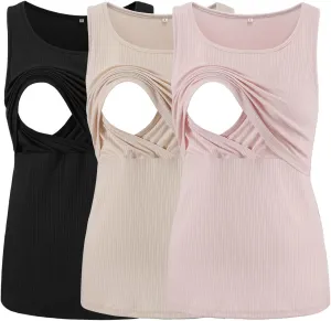 Ecavus Women's 3-Pack Ribbed Nursing Tank Tops Sleeveless Maternity Breastfeeding Shirts Double Layer Pregnancy Clothes