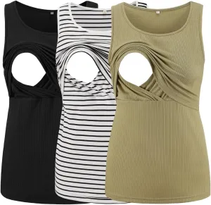 Ecavus Women's 3-Pack Ribbed Nursing Tank Tops Sleeveless Maternity Breastfeeding Shirts Double Layer Pregnancy Clothes