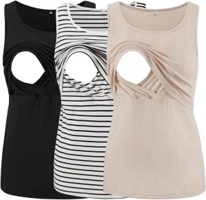 Ecavus Women's 3-Pack Ribbed Nursing Tank Tops Sleeveless Maternity Breastfeeding Shirts Double Layer Pregnancy Clothes