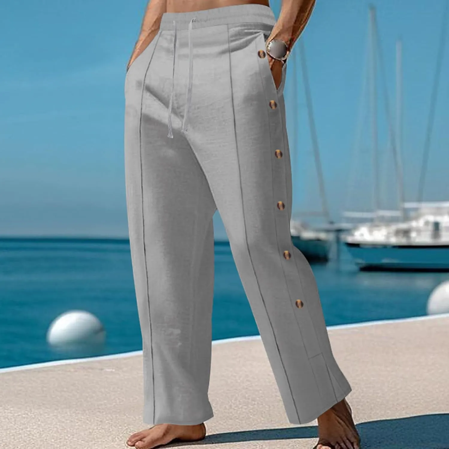 evzosrz Men's Casual Cotton Linen Pants Drawstring Striped Side Button Elastic Waist Trousers Sports Workout Yoga Summer Pant