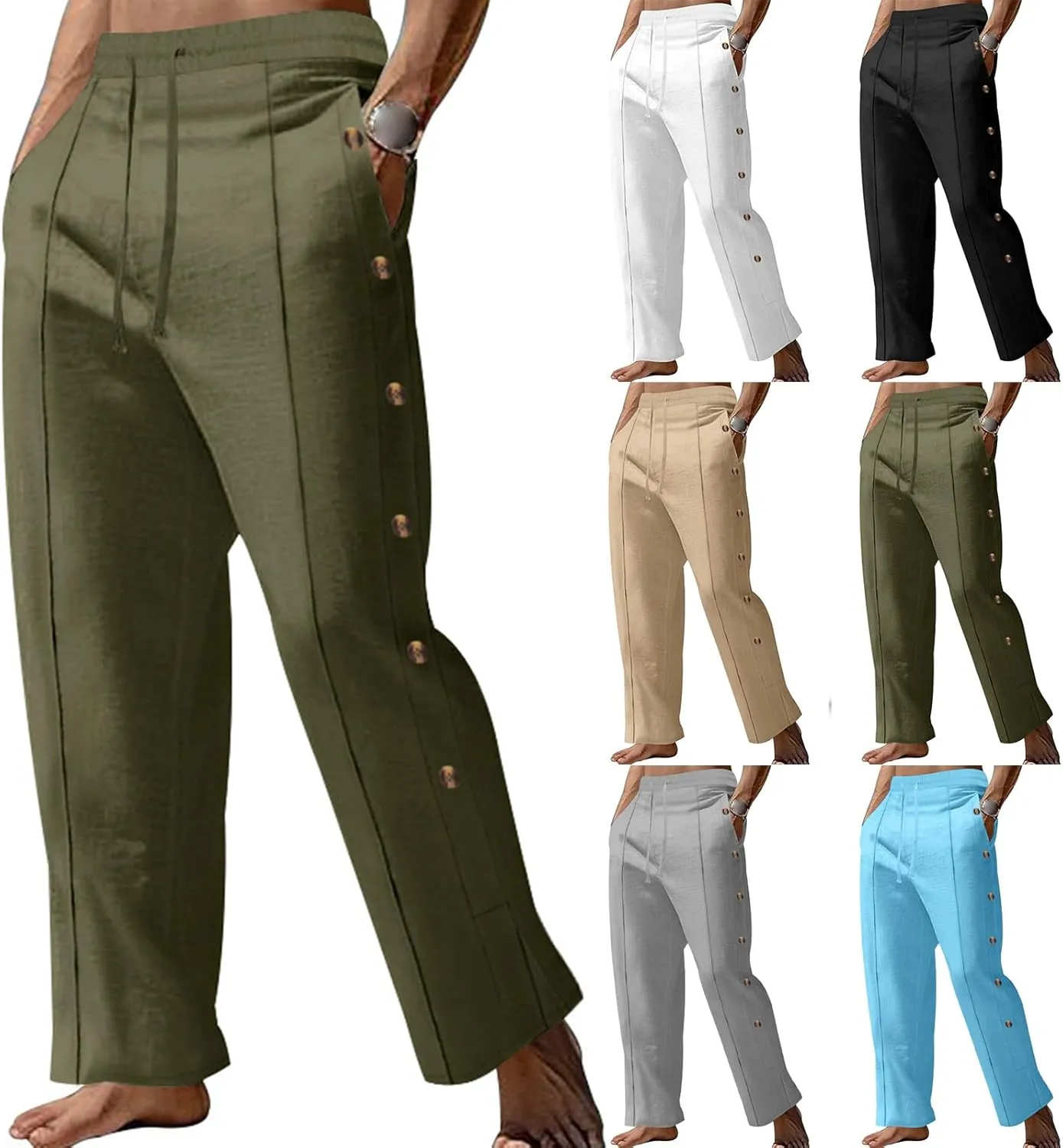 evzosrz Men's Casual Cotton Linen Pants Drawstring Striped Side Button Elastic Waist Trousers Sports Workout Yoga Summer Pant