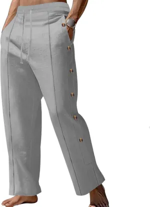 evzosrz Men's Casual Cotton Linen Pants Drawstring Striped Side Button Elastic Waist Trousers Sports Workout Yoga Summer Pant