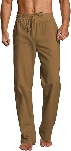 evzosrz Mens Casual Linen Pants Drawstring Elastic Waist Loose Fit Trousers Straight-Legs Yoga Beach Jogger Gym Sweatpants