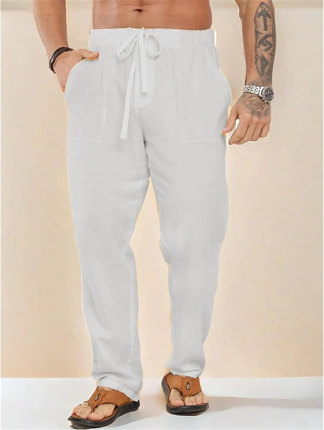 evzosrz Mens Casual Pants Lightweight Drawstring Elastic Waist Straight Legs Yoga Vacation Beach Lounge Solid Loose Trousers