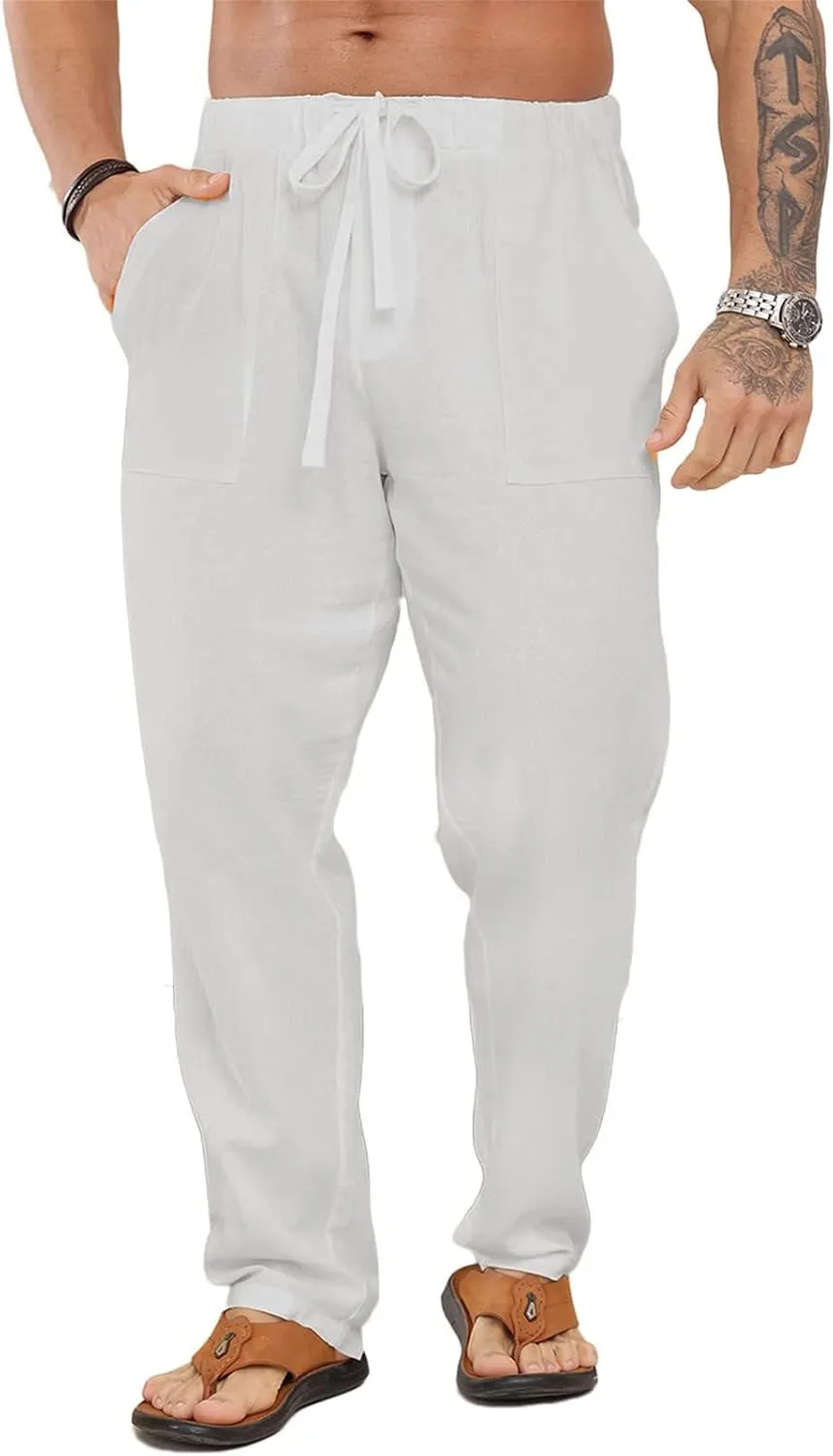 evzosrz Mens Casual Pants Lightweight Drawstring Elastic Waist Straight Legs Yoga Vacation Beach Lounge Solid Loose Trousers