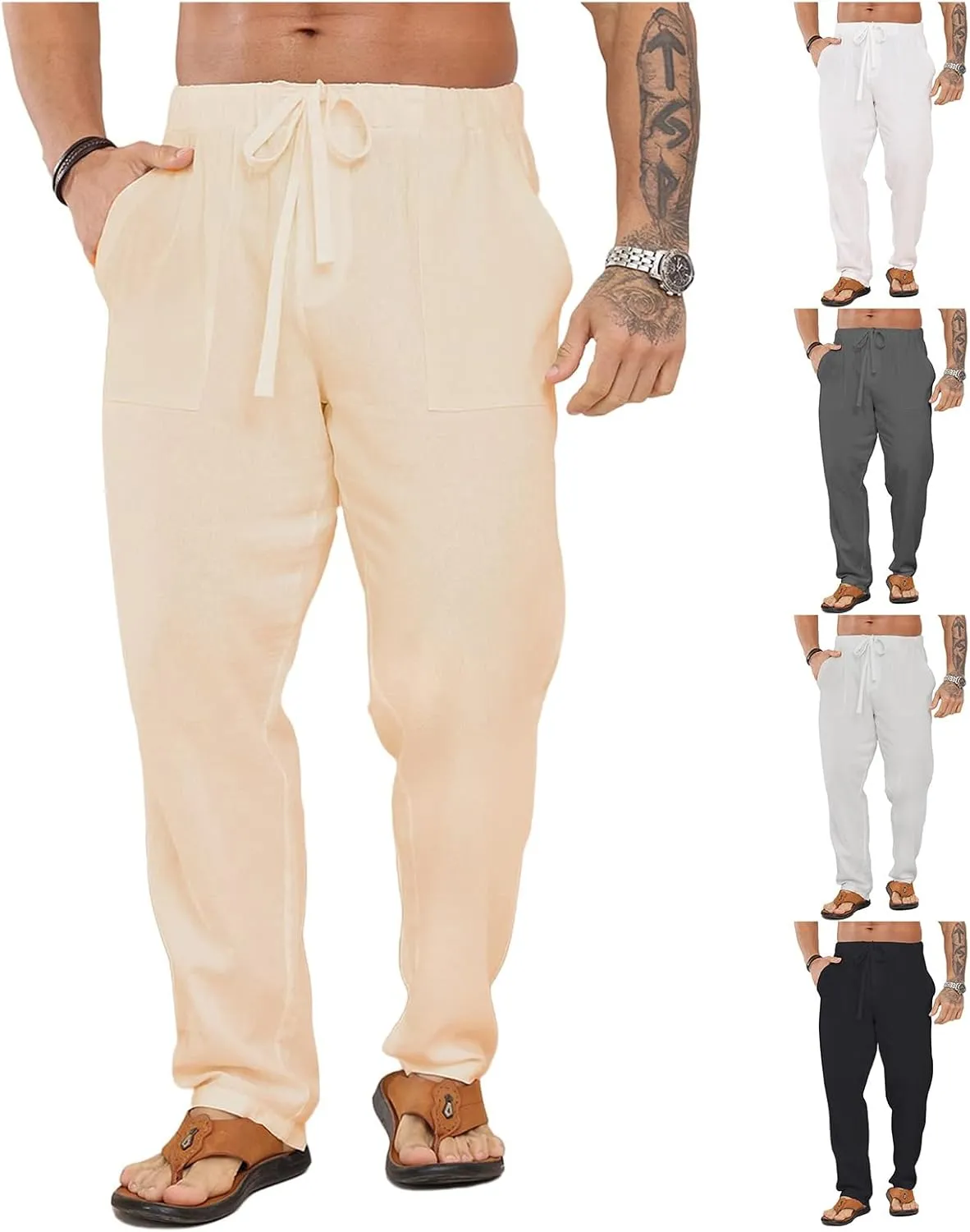 evzosrz Mens Casual Pants Lightweight Drawstring Elastic Waist Straight Legs Yoga Vacation Beach Lounge Solid Loose Trousers