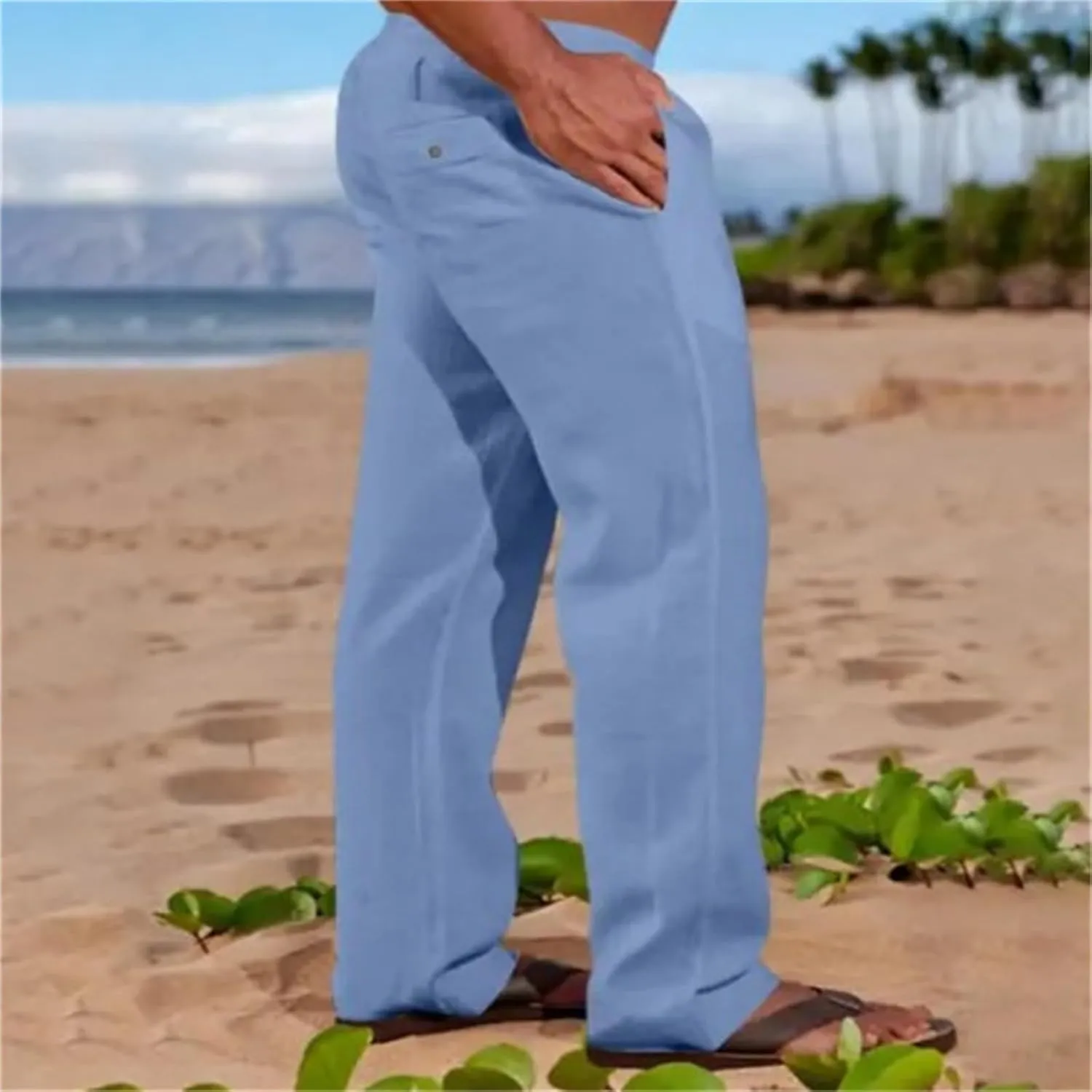 evzosrz Mens Casual Pants Loose Fit Elastic Waist Lightweight Drawstring Straight Pant Beach Yoga Fall Solid Trousers