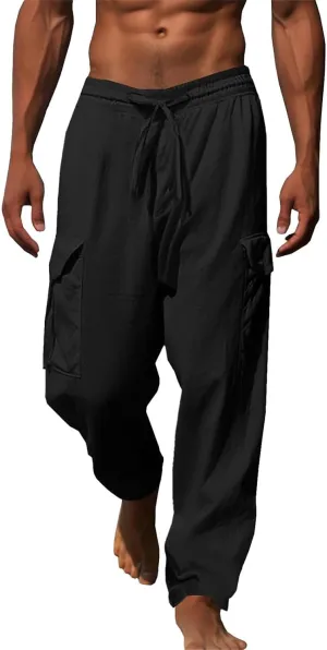 evzosrz Mens Casual Yoga Pants Elastic Waist Drawstring Trousers Casual Fall Beach Cargo Pant with Pockets