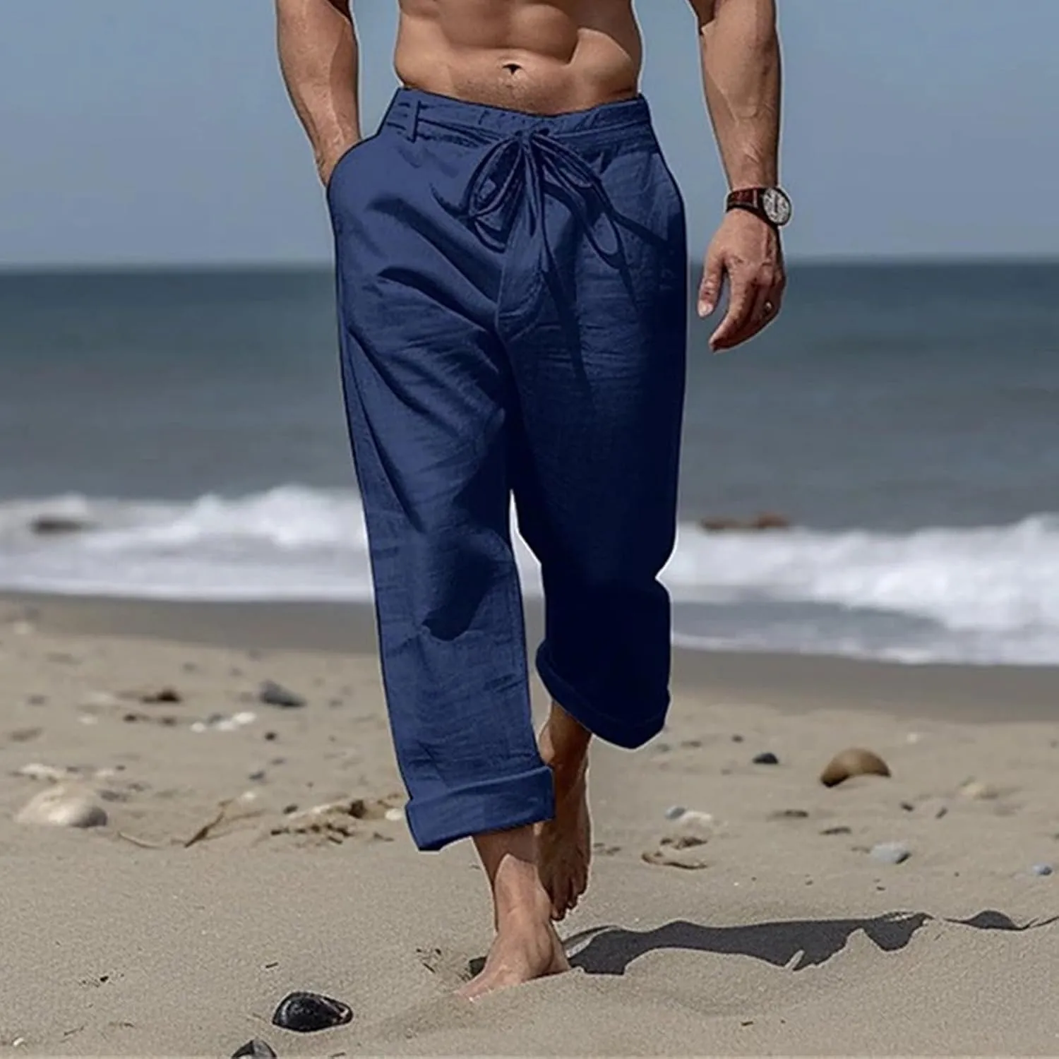 evzosrz Mens Cotton Linen Yoga Pants Casual Straight Drawstring Pockets Elastic Waist Loose Lightweight Beach Trousers