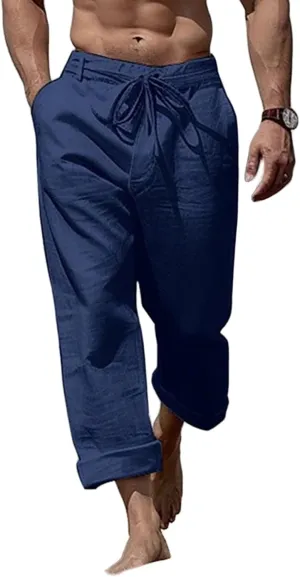 evzosrz Mens Cotton Linen Yoga Pants Casual Straight Drawstring Pockets Elastic Waist Loose Lightweight Beach Trousers
