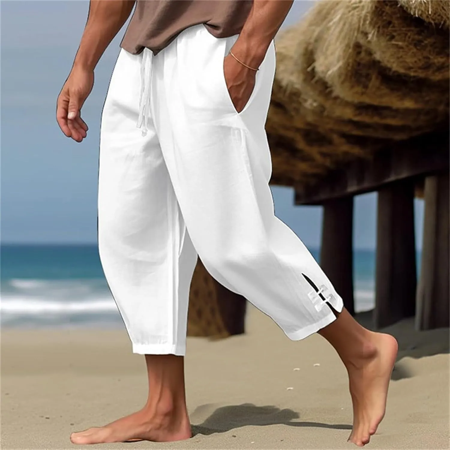 evzosrz Men's Linen Harem Pants Loose Lightweight Capri Slacks Drawstring Elastic Waist Casual Beach Yoga Trousers