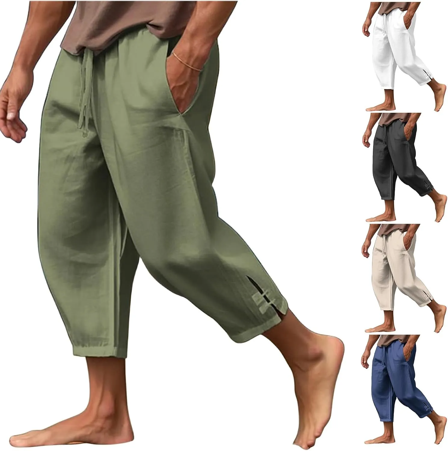 evzosrz Men's Linen Harem Pants Loose Lightweight Capri Slacks Drawstring Elastic Waist Casual Beach Yoga Trousers