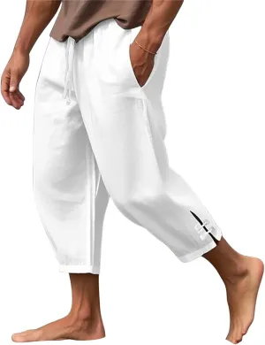 evzosrz Men's Linen Harem Pants Loose Lightweight Capri Slacks Drawstring Elastic Waist Casual Beach Yoga Trousers