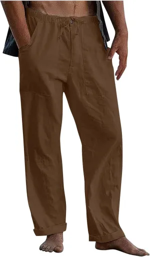 evzosrz Mens Linen Pants Casual Yoga Beach Loose Fit Elastic Waist Drawstring Summer Baggy Trousers with Pockets