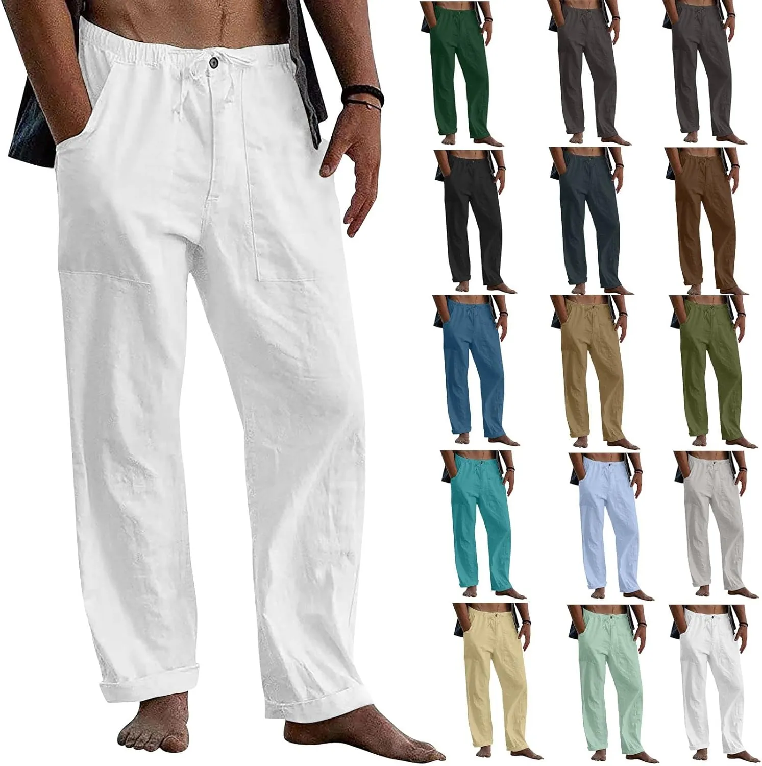 evzosrz Mens Linen Pants Casual Yoga Beach Loose Fit Elastic Waist Drawstring Summer Baggy Trousers with Pockets