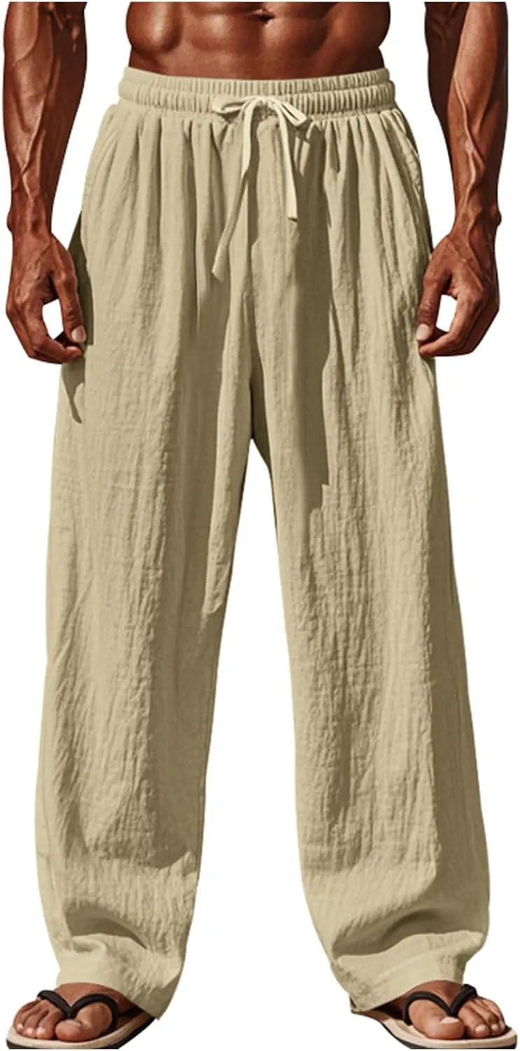 evzosrz Mens Wide Leg Pants Casual Cotton Linen Straight Elastic Waist Trousers Summer Drawstring Solid Loose Fit Beach Pant