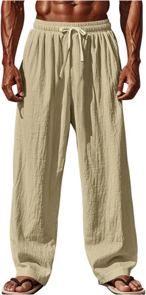 evzosrz Mens Wide Leg Pants Casual Cotton Linen Straight Elastic Waist Trousers Summer Drawstring Solid Loose Fit Beach Pant