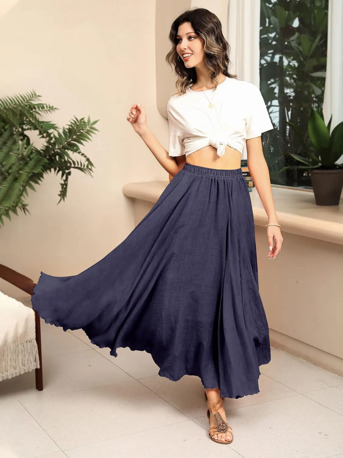Ezcosplay Women Bohemian Beach A-Line Dress Double Layer Elastic Waist Long Maxi Skirt