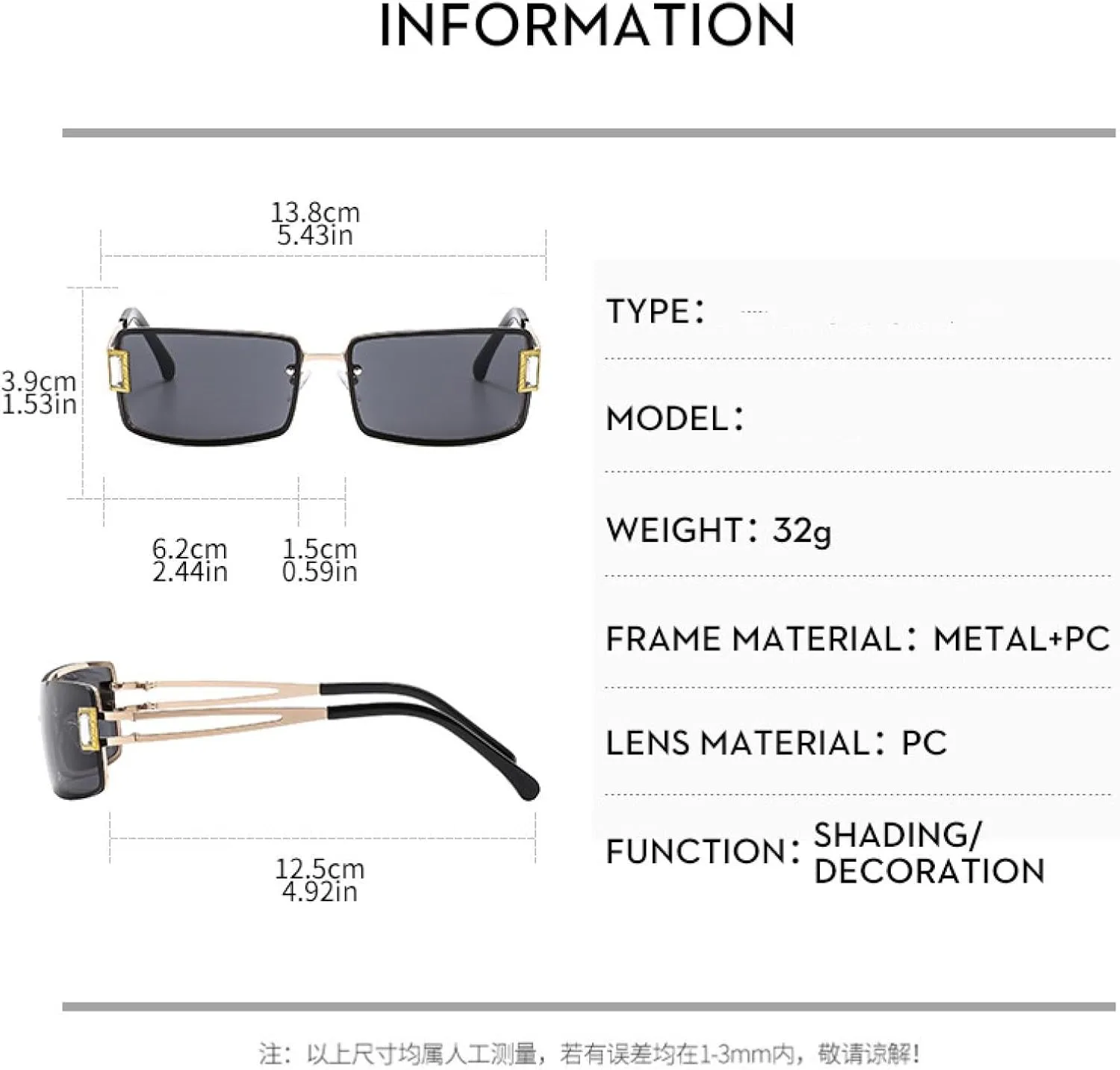 Fashion Small Rimless Frame Sunglasses Gemstone Sunglasses Metal Women's Uv400