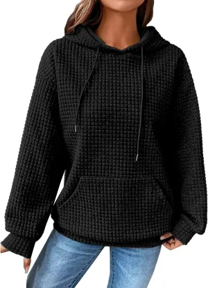 GIERIDUC Womens Oversized Hoodies Fall Winter Casual Waffle Plaid Sweatshirt Pockets Long Sleeve Drawstring Hooded Pullover