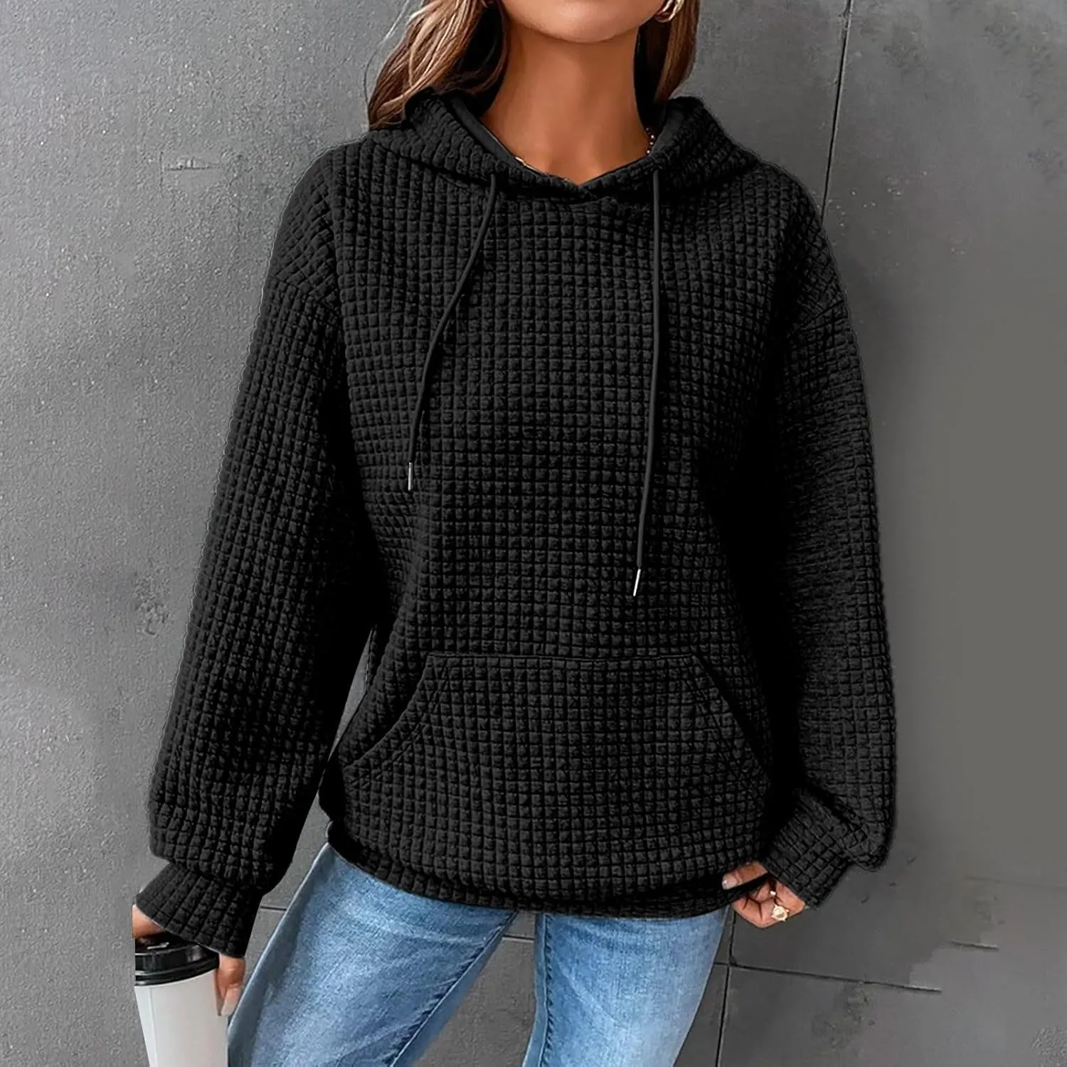 GIERIDUC Womens Oversized Hoodies Fall Winter Casual Waffle Plaid Sweatshirt Pockets Long Sleeve Drawstring Hooded Pullover