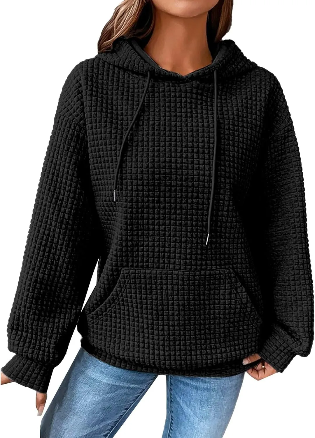 GIERIDUC Womens Oversized Hoodies Fall Winter Casual Waffle Plaid Sweatshirt Pockets Long Sleeve Drawstring Hooded Pullover