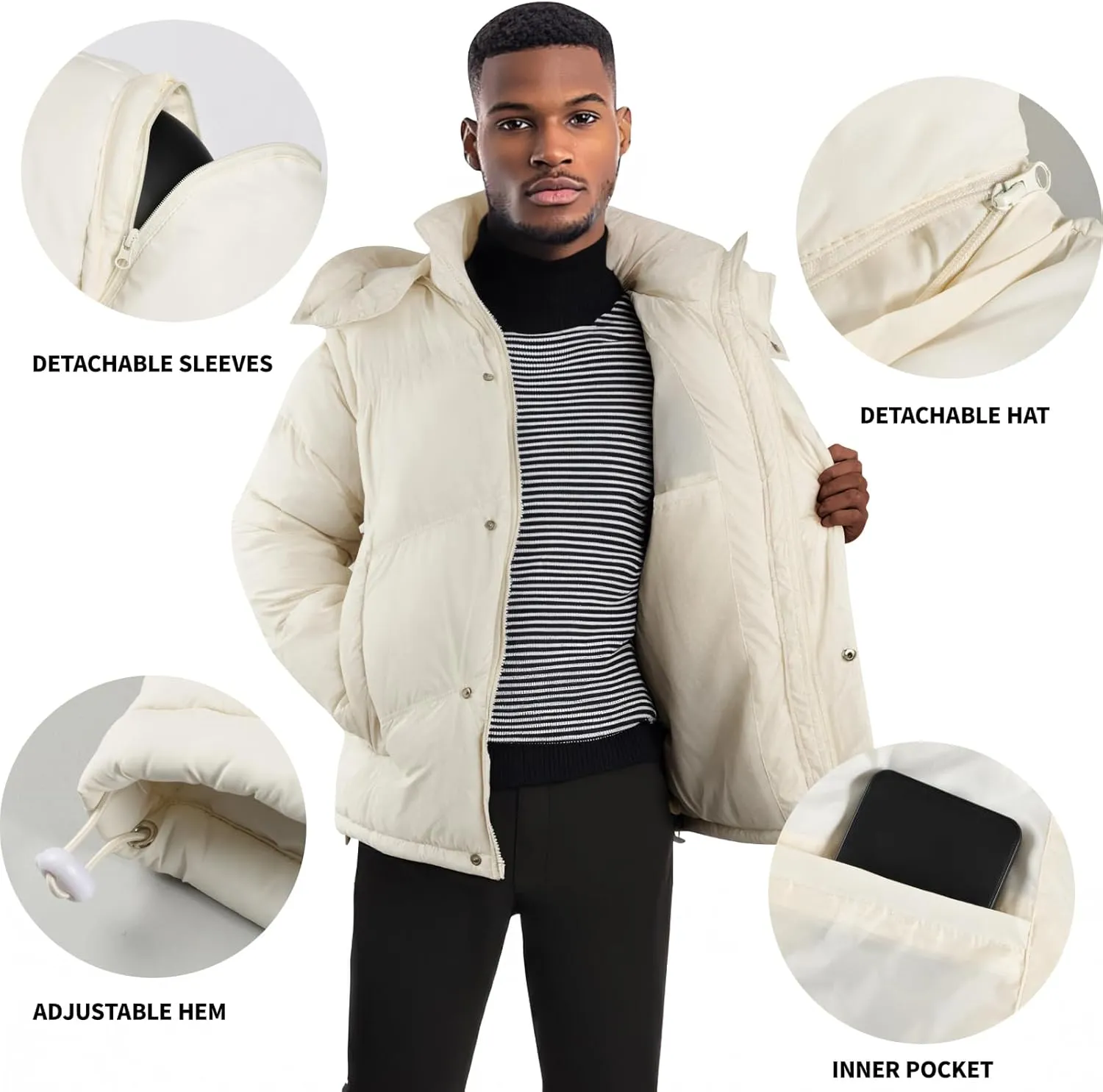 GINGTTO Men's Insulated Puffer Jackets with Detatchable Sleeves & Hood, Thermal Waterproof Coats for Men