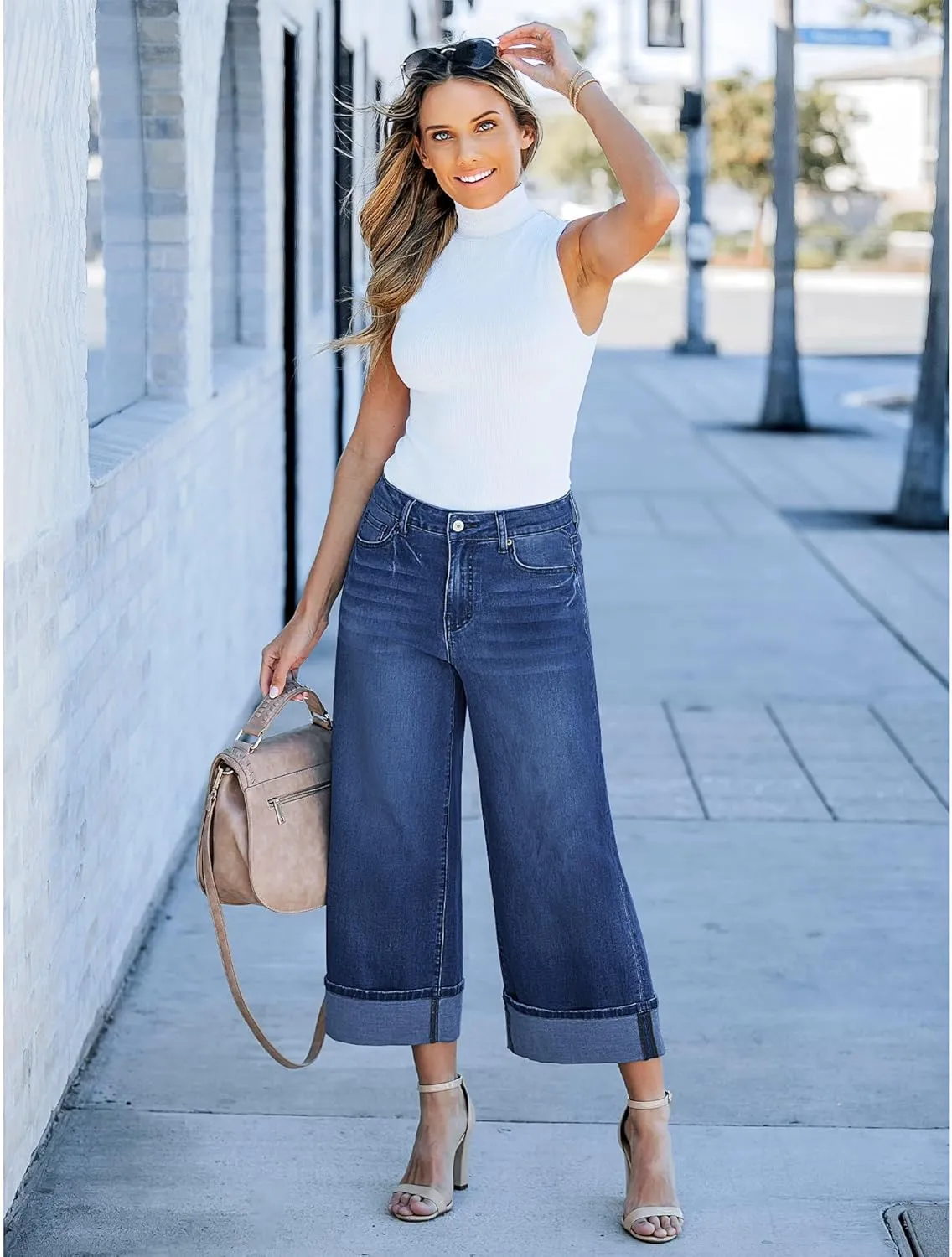 GRAPENT Wide Leg Jeans for Women High Waisted Stretchy Denim Crop Pants Fold Hem Cropped Baggy Jeans with Pockets