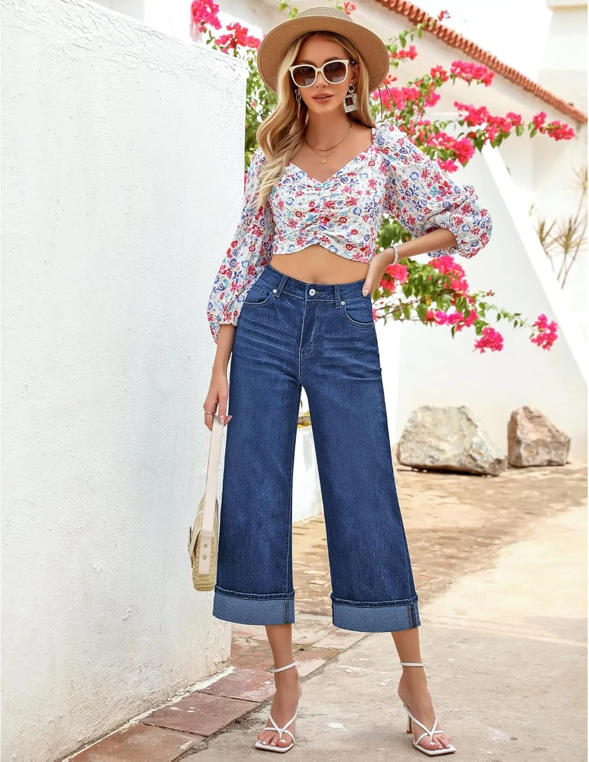GRAPENT Wide Leg Jeans for Women High Waisted Stretchy Denim Crop Pants Fold Hem Cropped Baggy Jeans with Pockets