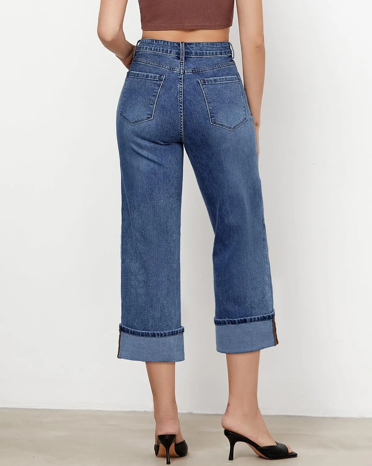 GRAPENT Wide Leg Jeans for Women High Waisted Stretchy Denim Crop Pants Fold Hem Cropped Baggy Jeans with Pockets