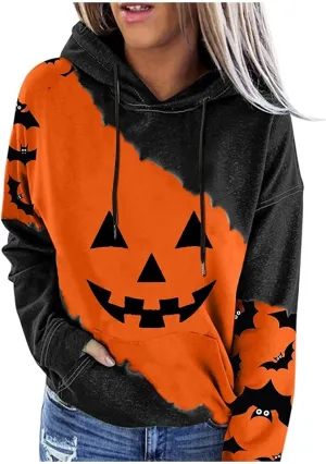 Halloween Hoodies for Women 2024 Pumpkin Printed Long Sleeve Sweatshirts Pullover Cute Costumes with Pocket