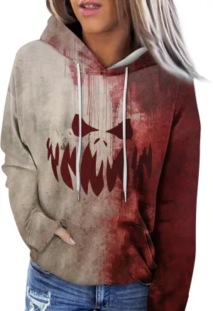 Halloween Hoodies for Women 2024 Pumpkin Printed Long Sleeve Sweatshirts Pullover Cute Costumes with Pocket