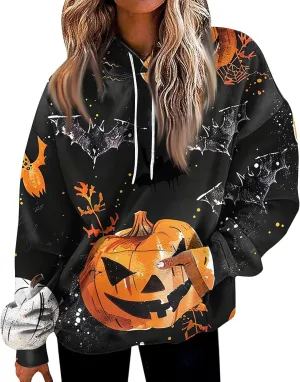 Halloween Hoodies for Women Trendy 2024 Halloween Printed Pullover Long Sleeve Drawstring Sweatshirts with Pocket