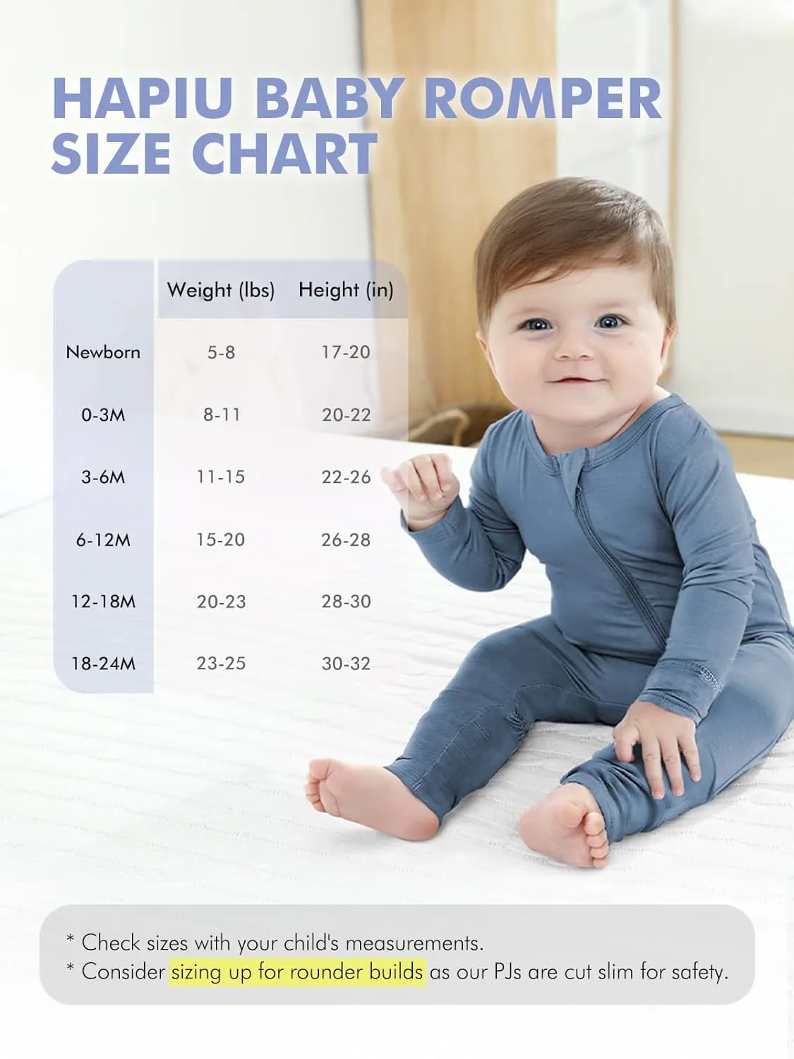 HAPIU Unisex Rayon Made from Bamboo Baby Rompers with Cuffs, 2 Way Zipper YKK, Footless Pajamas Jumpsuit